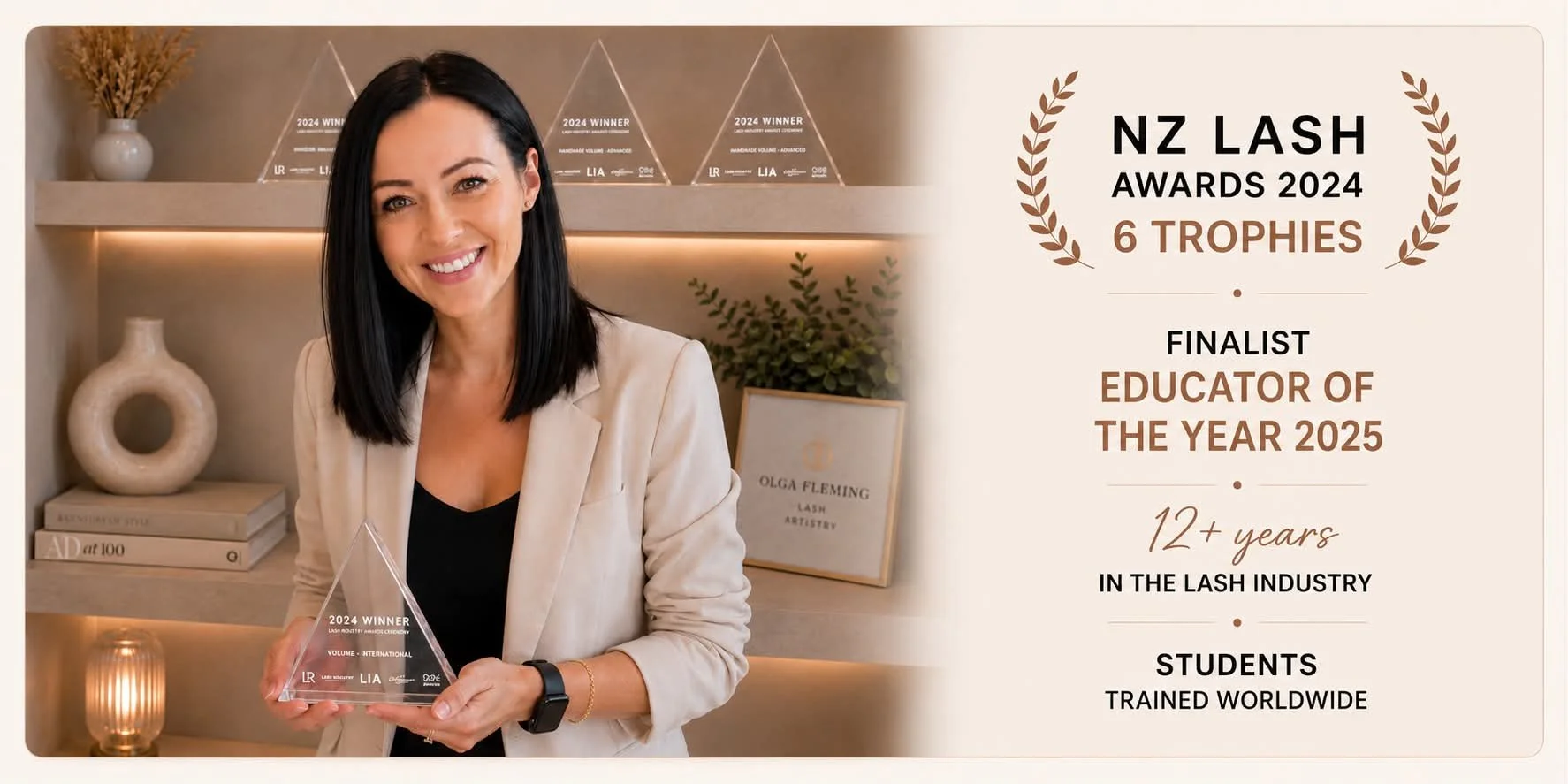 Lash educator Olga Fleming in her Christchurch studio with her NZ lash industry awards