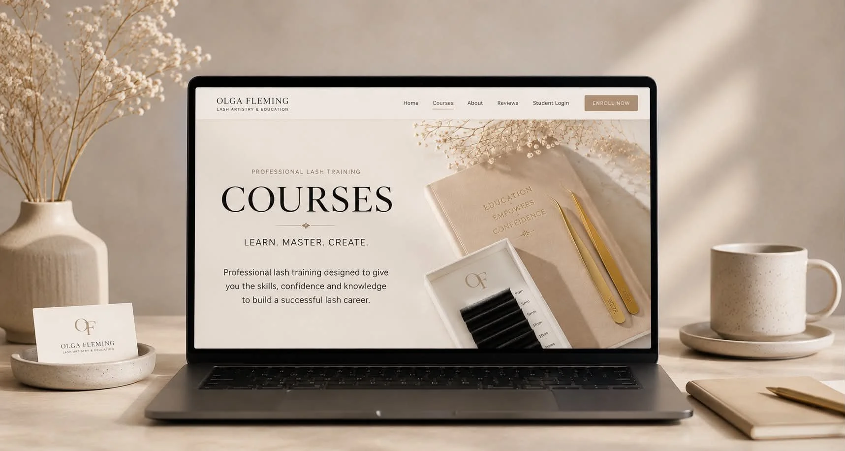 Online eyelash extension course displayed on a laptop for beginner lash students
