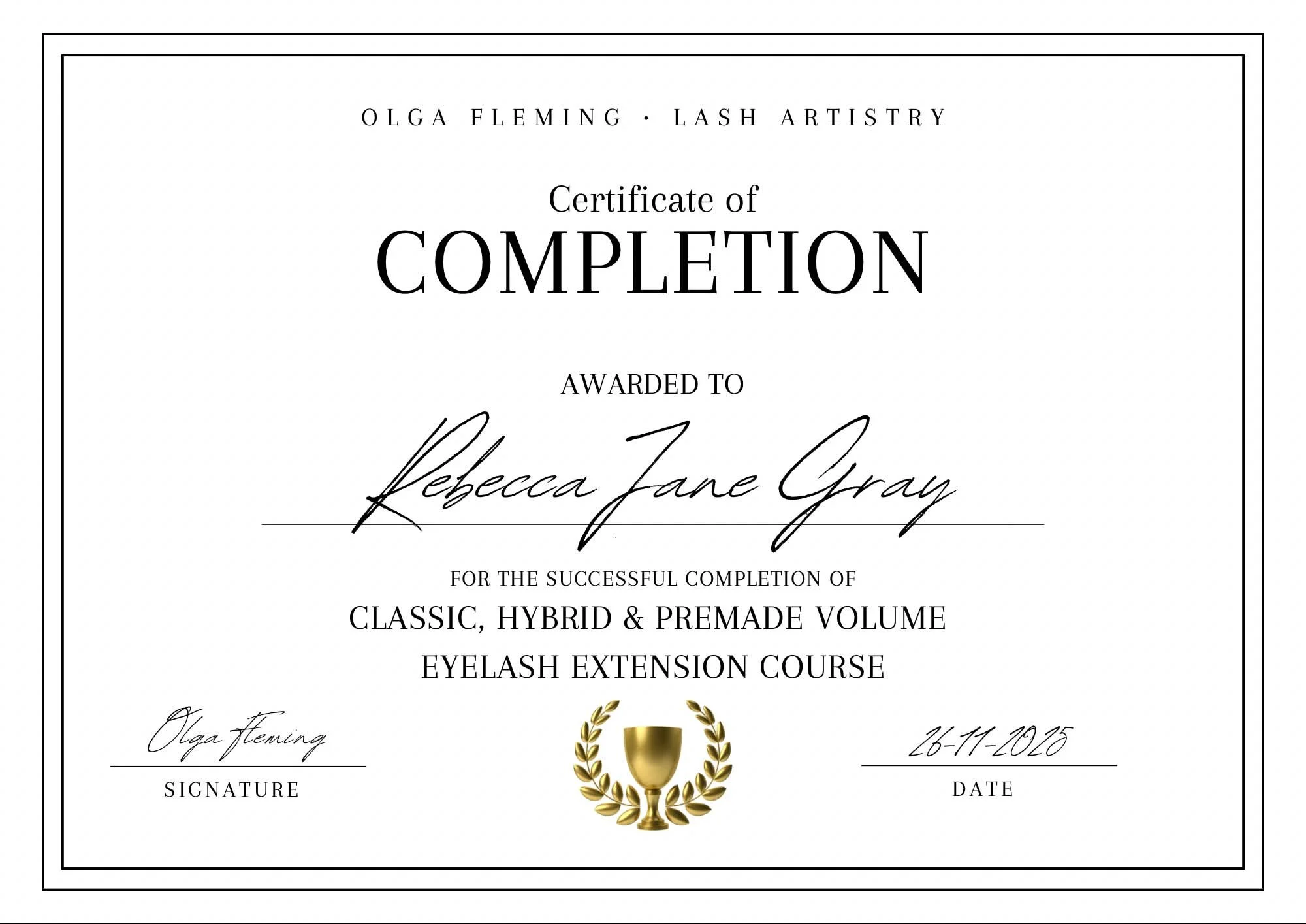 Certificate of completion included with Olga Fleming’s online lash course