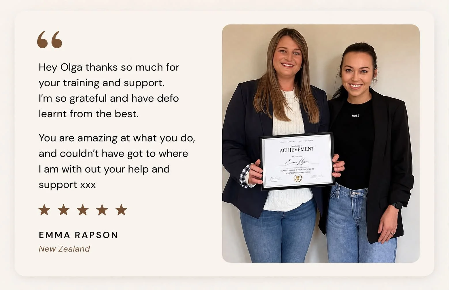 Lash training student Emma with Olga Fleming and her certificate after completing eyelash extension training