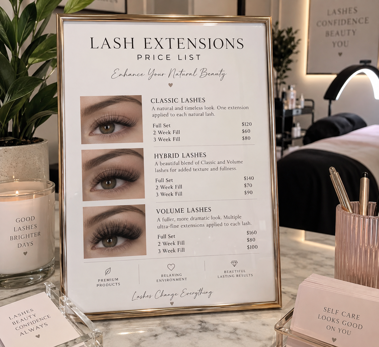 Professional lash extension price list showing Classic, Hybrid and Volume lash services