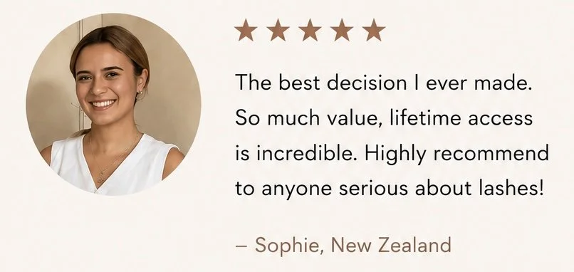 Online lash course student with her review after completing lash extension training with Olga Fleming