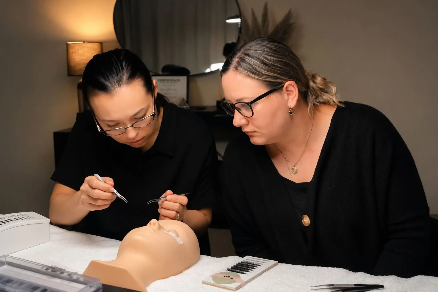 Private one-to-one lash training in Christchurch with a student practising eyelash extensions