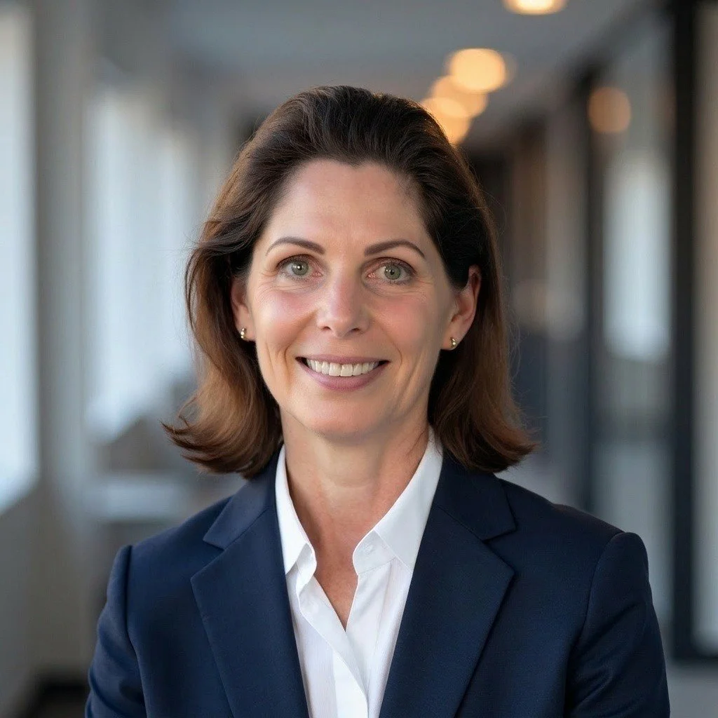 Professional woman in business attire in an office corridor