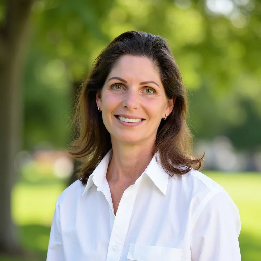 A woman with shoulder-length brown hair, green eyes, and a white button-up shirt smiling outdoors in a park with green trees in the background.