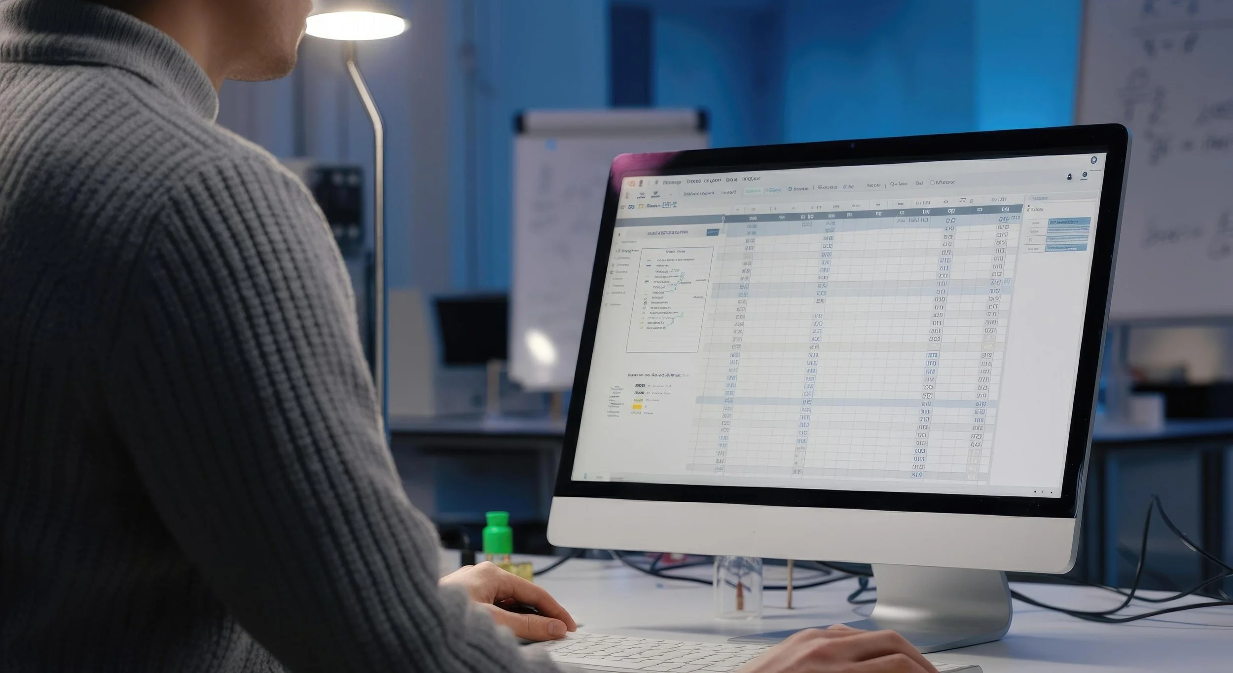 Person in gray sweater working on a computer with a spreadsheet on the screen in an office setting.