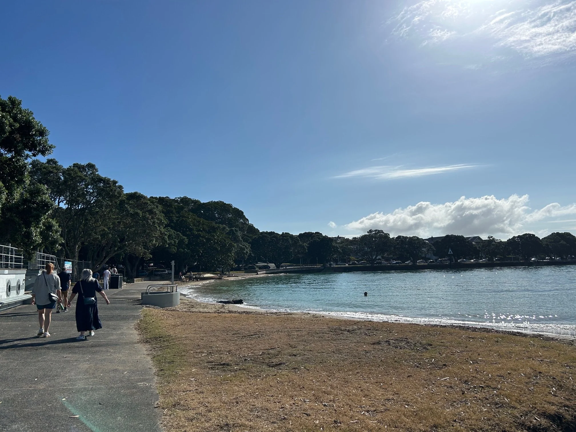 People walking along a lakeside promenade on a sunny day with clear blue sky, trees, and calm water in the background.