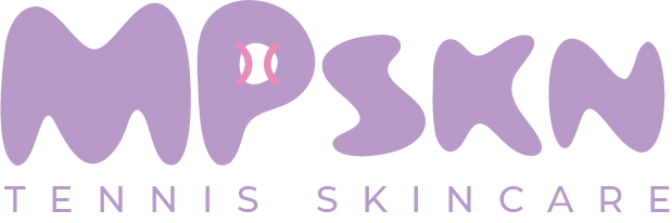 Logo for MVP SKIN tennis skincare, with stylized text and a small graphic element resembling a tennis ball or skin-related symbol.
