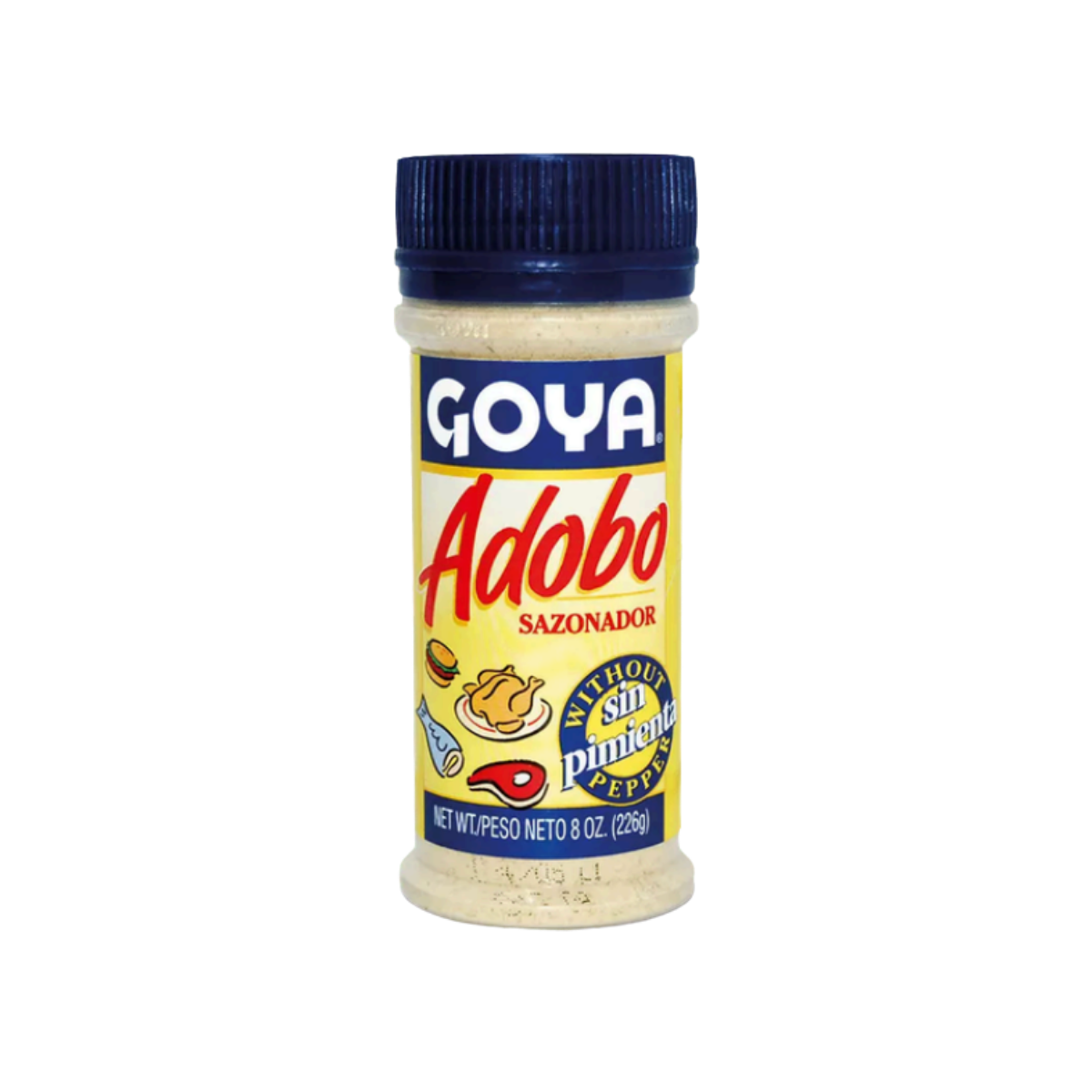 Especias Goya Adobo sazonador en frasco con tapa azul, etiquetado amarillo con texto en rojo y azul, ingredientes ilustrados y advertencias de ingredientes sin gluten y pimienta de cayena.