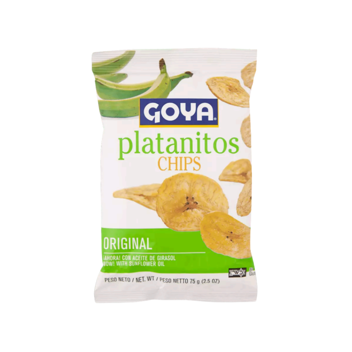 Paquete de chips de plátano de la marca Goya, sabor original, con aceite de girasol, peso 75 gramos.