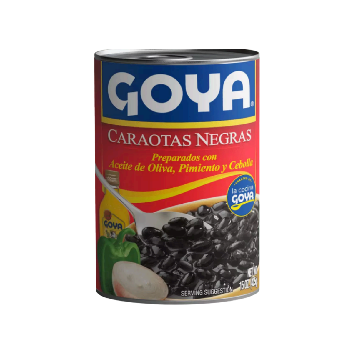 Lata de caraotas negras Goya con letra y logo en colores azul, rojo y amarillo, con una cuchara sirviendo caraotas negras, y una pimienta y una cebolla en la parte inferior