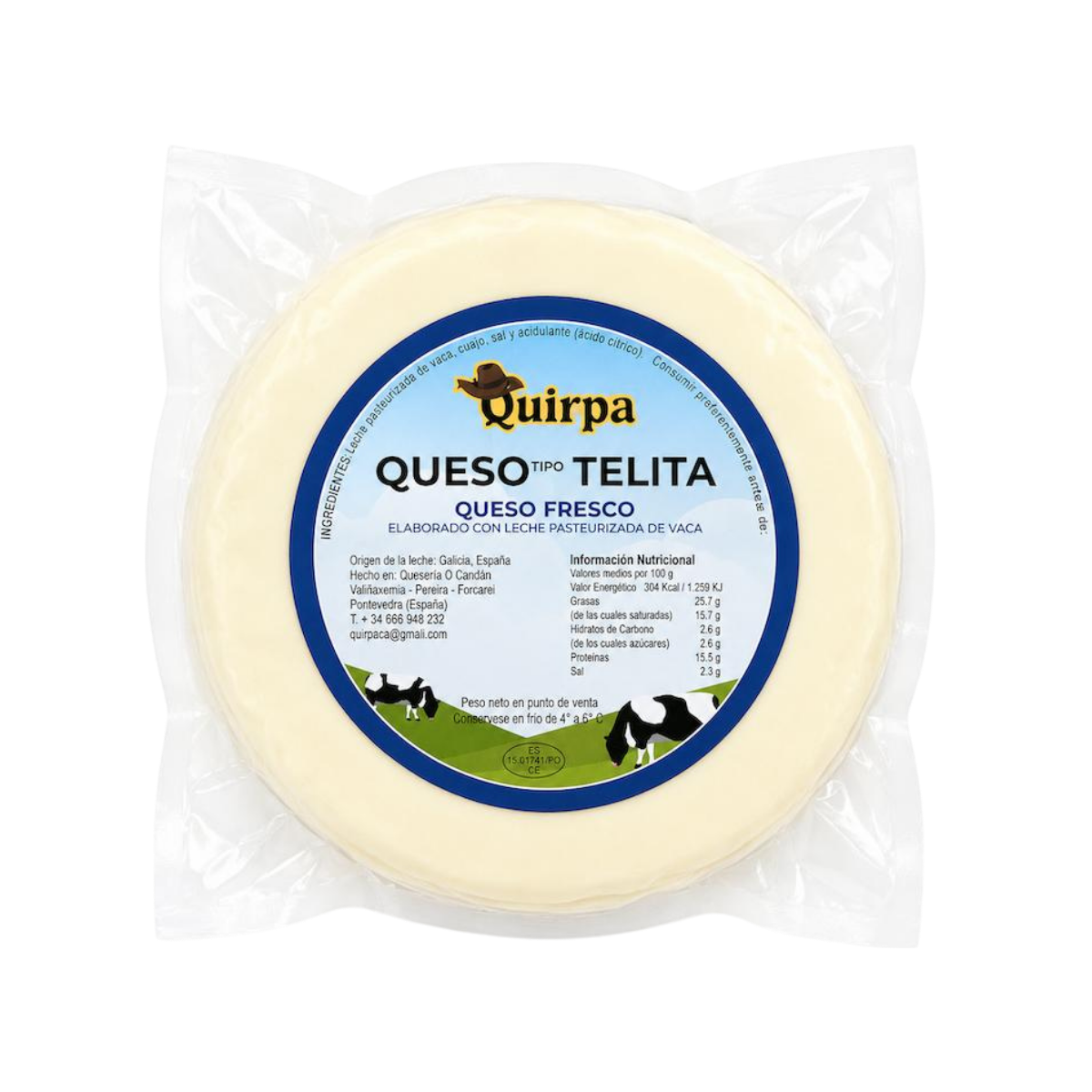 Queso fresco de leche pasteurizada en envase circular con etiqueta azul, blanca y verde, que muestra vacas y datos nutricionales.