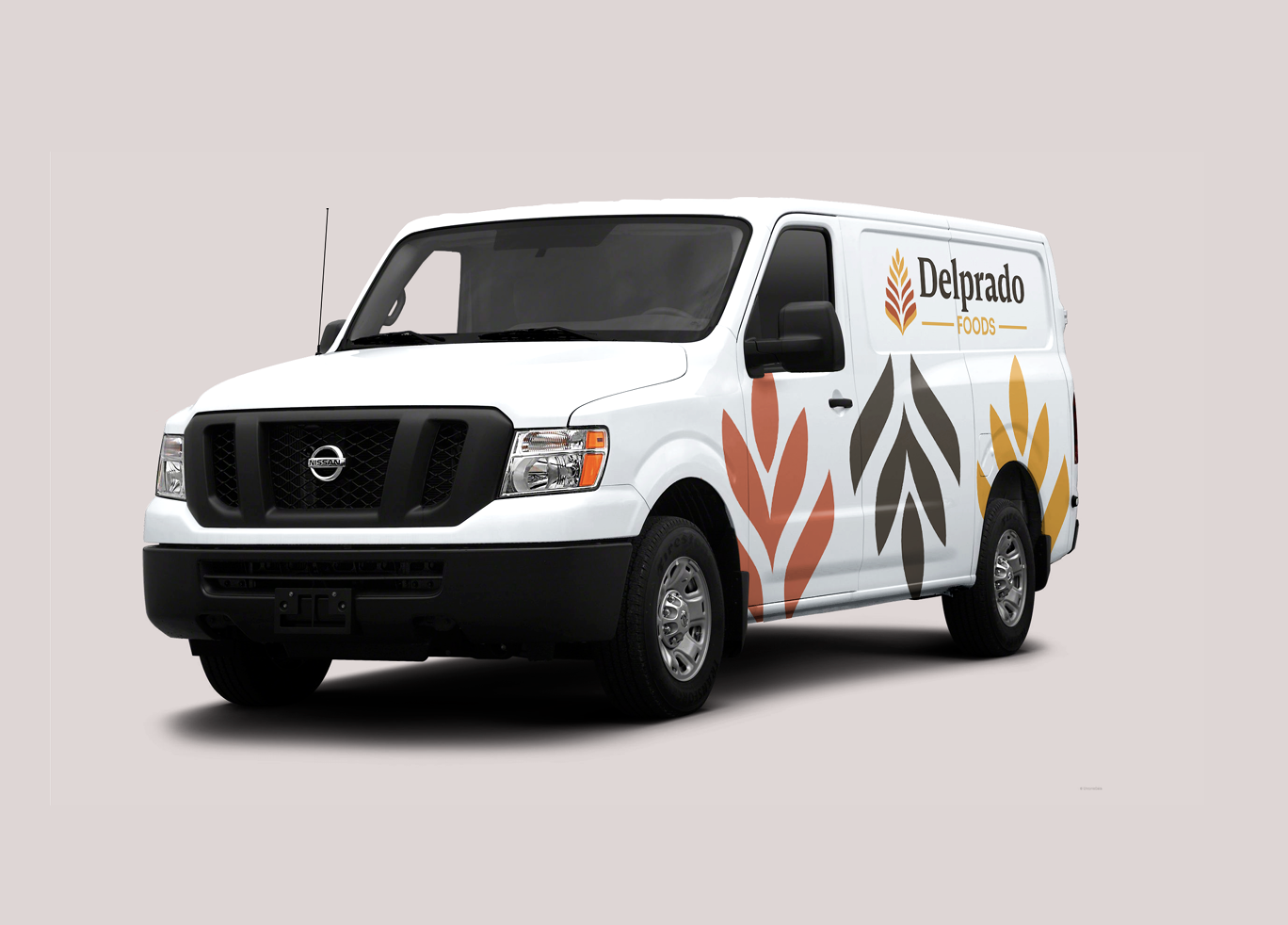Furgón de reparto de alimentos con logotipo de Delprado Foods y diseños de hojas en colores naranja, gris y amarillo.