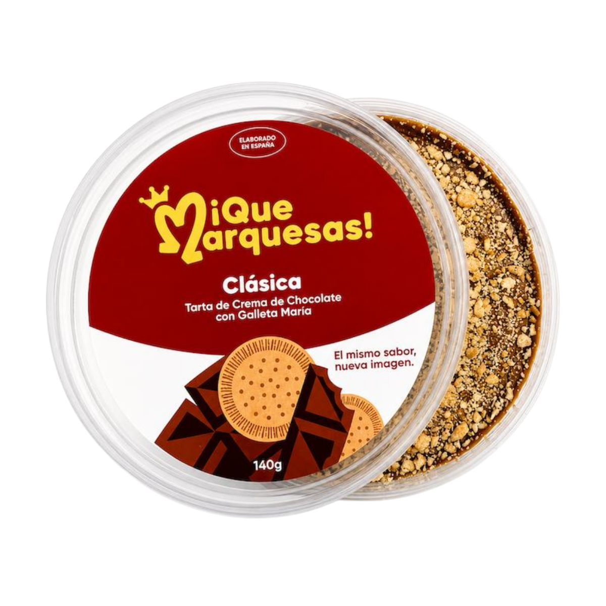 Envase de marquesa de la marca ¡Qué Marquesas!, con tapa transparente y etiqueta roja y blanca, mostrando una ilustración de la galleta María y chocolate.
