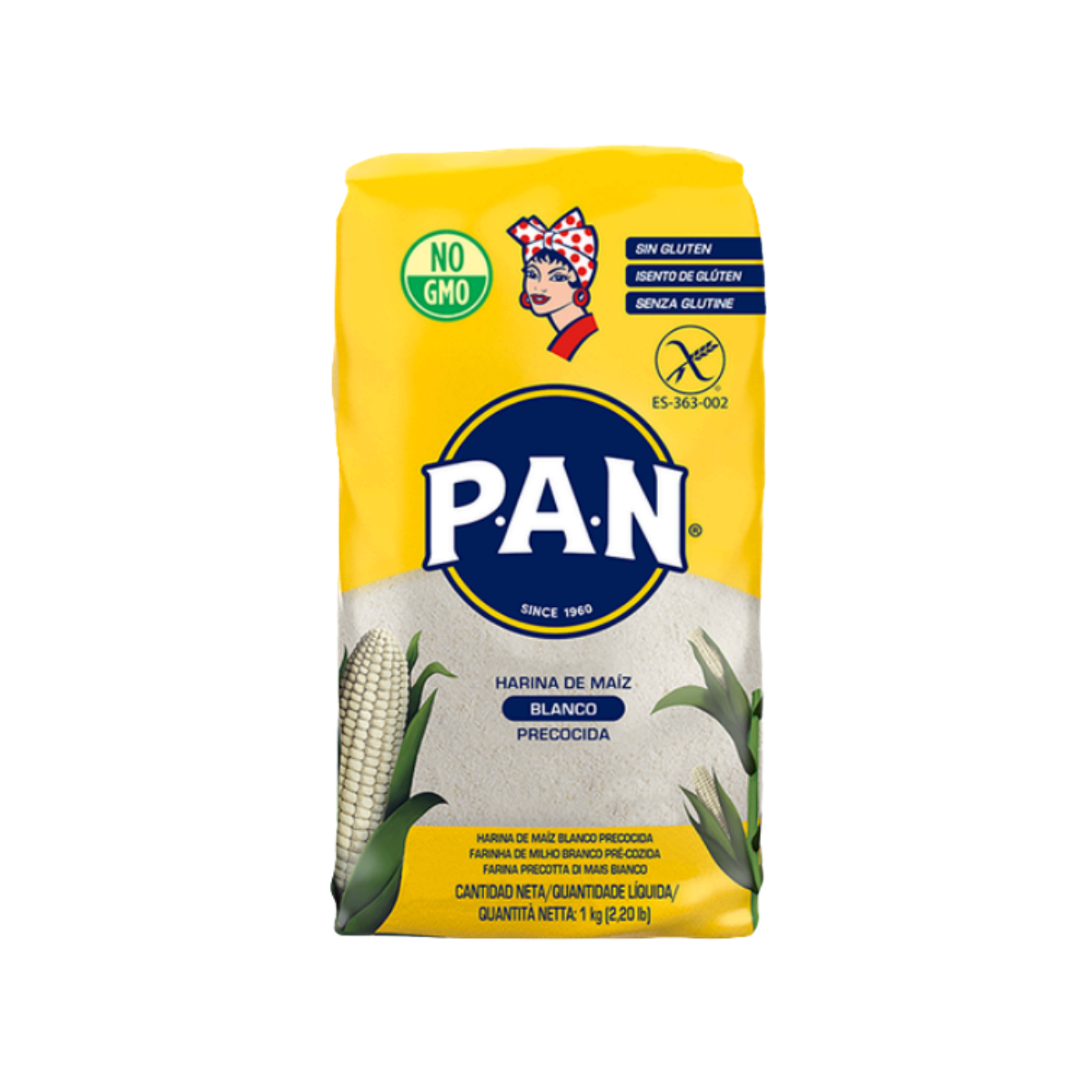 Paquete de harina de maíz blanca precocida marca P.A.N. con etiqueta en colores amarillo y blanco, ilustraciones de mazorcas de maíz y sello sin gluten, sin OMG.