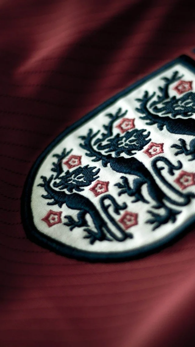 Close-up of a sports jersey with a crest featuring a blue lion and red diamonds on a red fabric background.