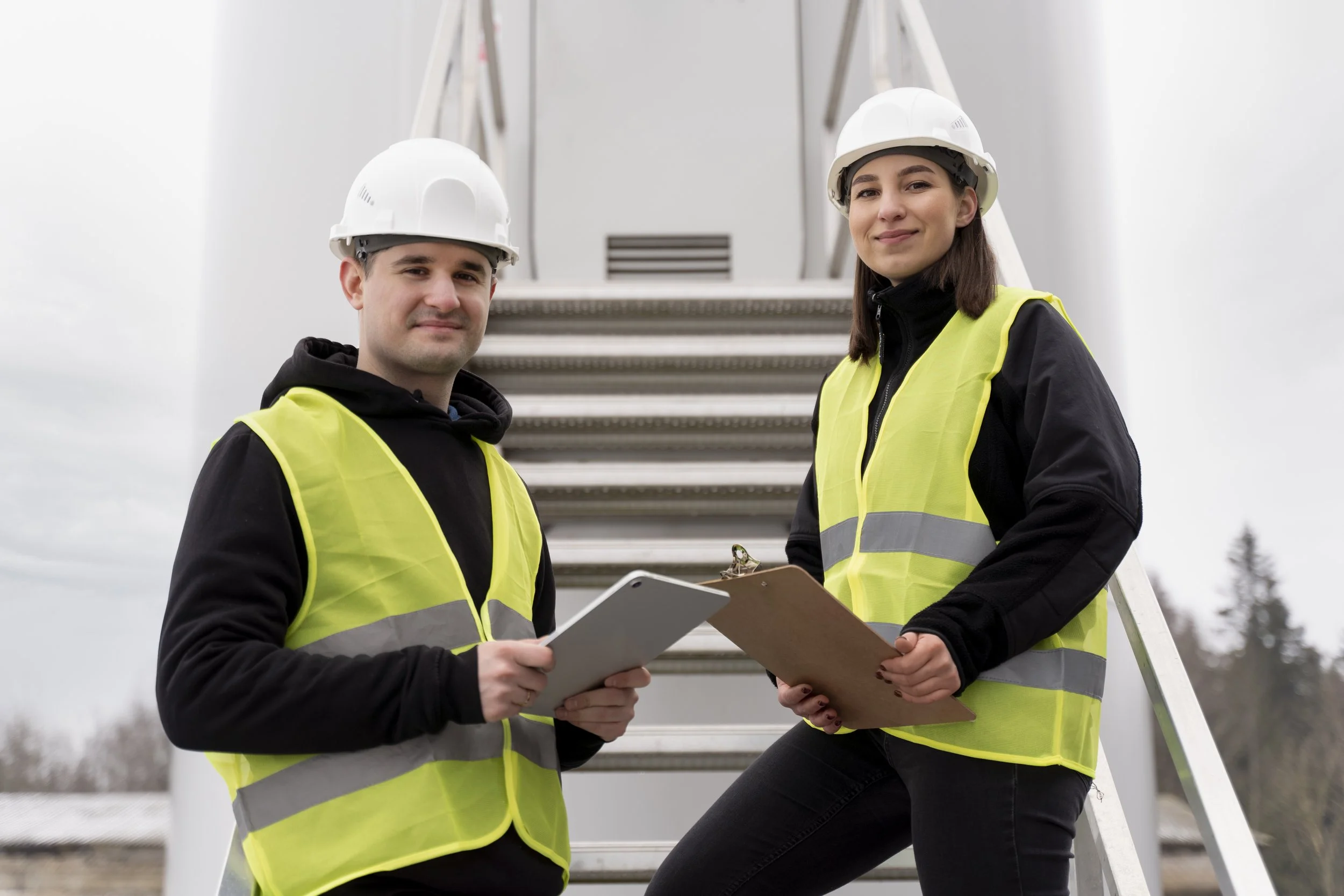 Two happy young workers on site wearing high vis and helmets
