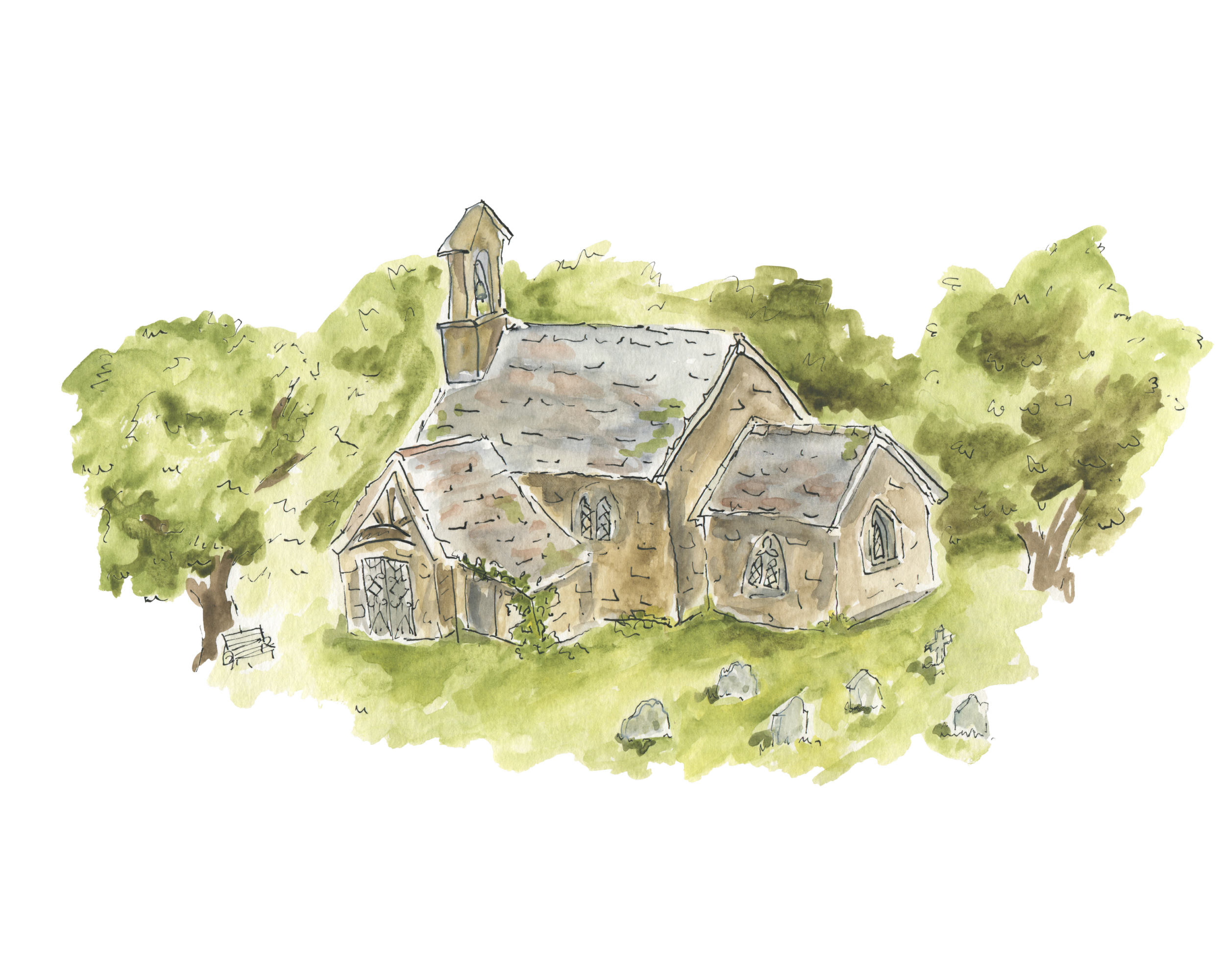 Watercolor illustration of a church with a tower, surrounded by green trees and bushes.