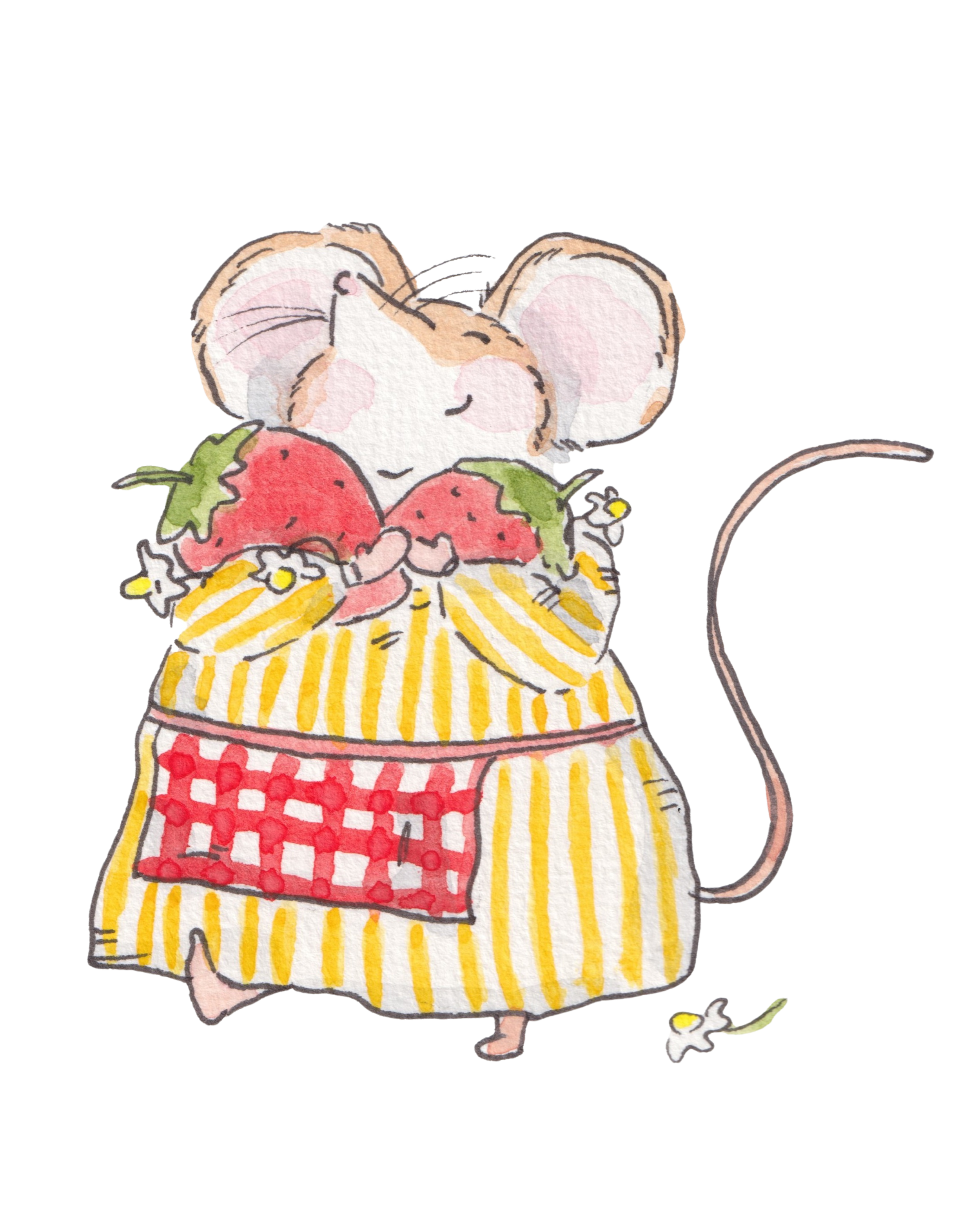 Watercolor illustration of a mouse holding strawberries and flowers, dressed in a yellow striped dress with red checkered apron, and a mouse gently holding a tiny flower.
