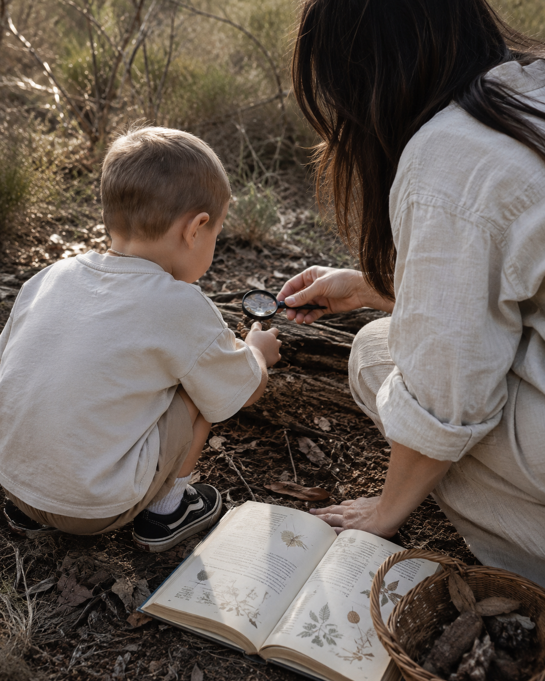 A woman and a young boy examining nature in a forest, using a magnifying glass, with an open book and a basket of rocks nearby.