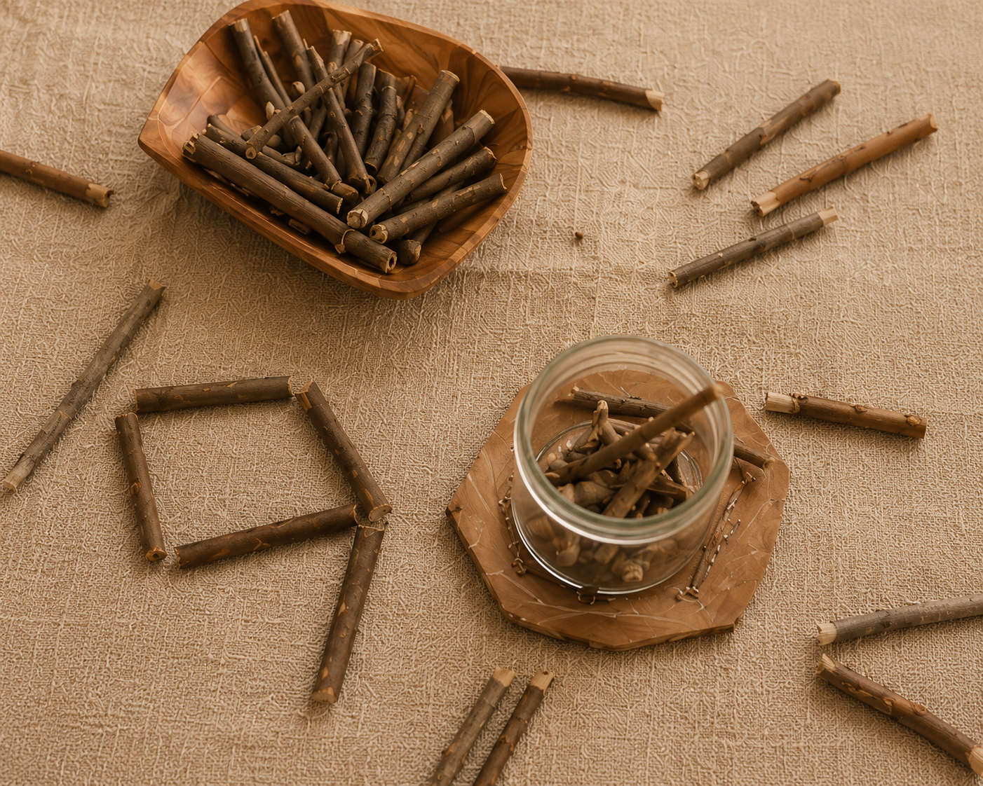 Wooden sticks, some arranged in square and star shapes, scattered on a textured surface with a jar and a bowl holding more sticks.