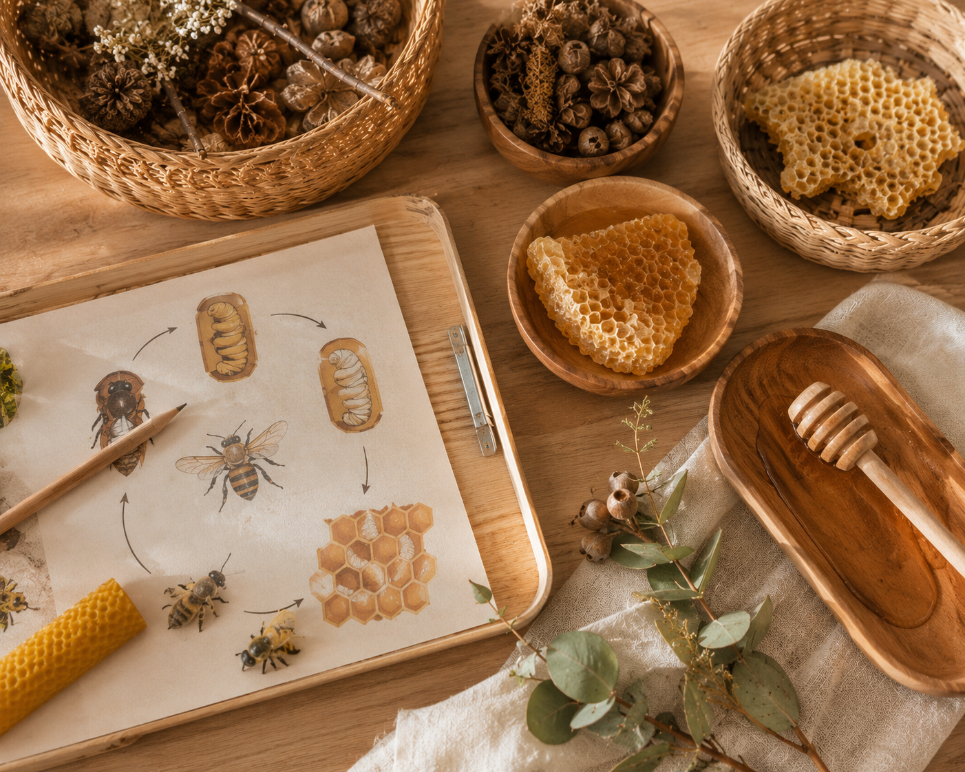 A wooden table displays honeycomb, bee illustrations, and various bowls with dried flowers and natural materials, along with a honey dipper and a paper with bee lifecycle diagrams.