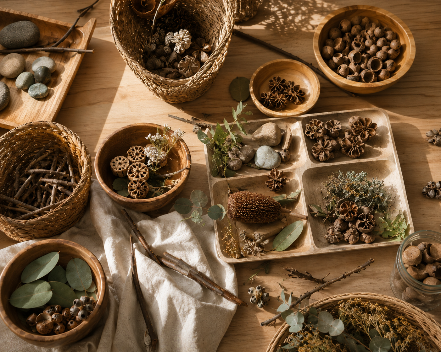 A collection of natural objects including various dried seed pods, branches, leaves, pinecones, and stones arranged in wooden bowls, baskets, and trays on a wooden table with soft natural lighting.