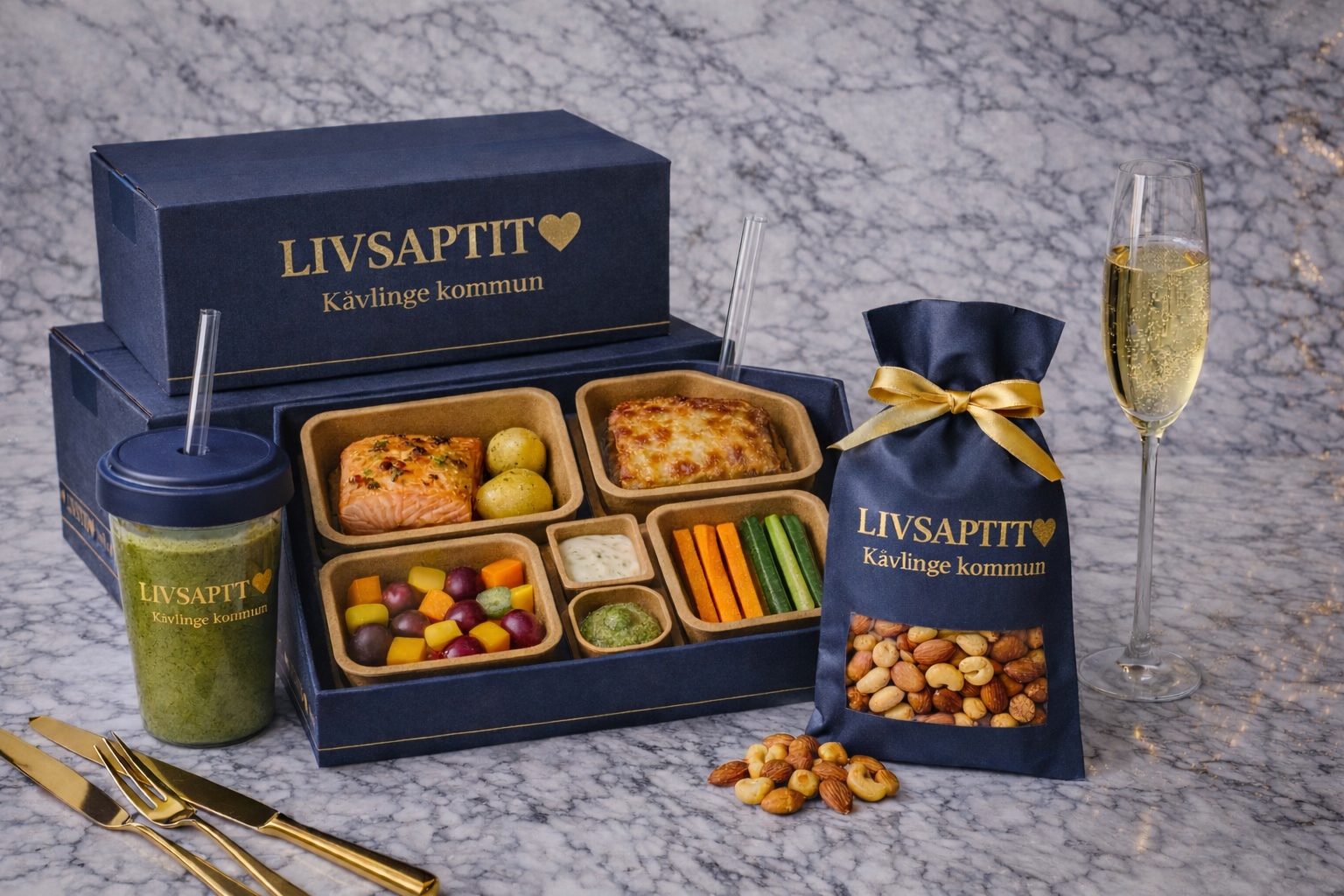 Festlig matlåda med olika rätter, nötter och drycker, med guldkantad förpackning och dekorativa element på en marmorbakgrund.
