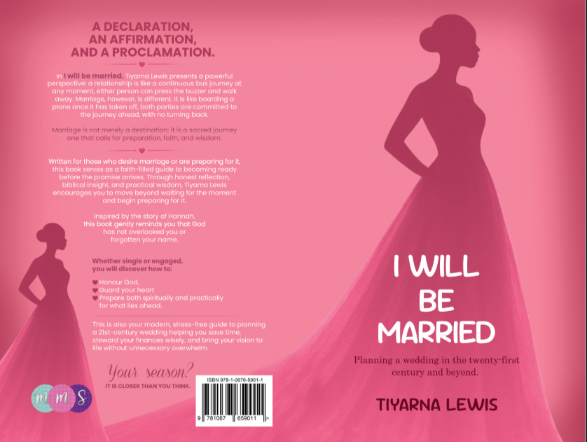 Book cover titled "I Will Be Married" by Tiyarna Lewis, featuring a pink background with two silhouette illustrations of a bride in a wedding dress, one larger and one smaller. The description discusses marriage and planning a wedding in the twenty-first century.
