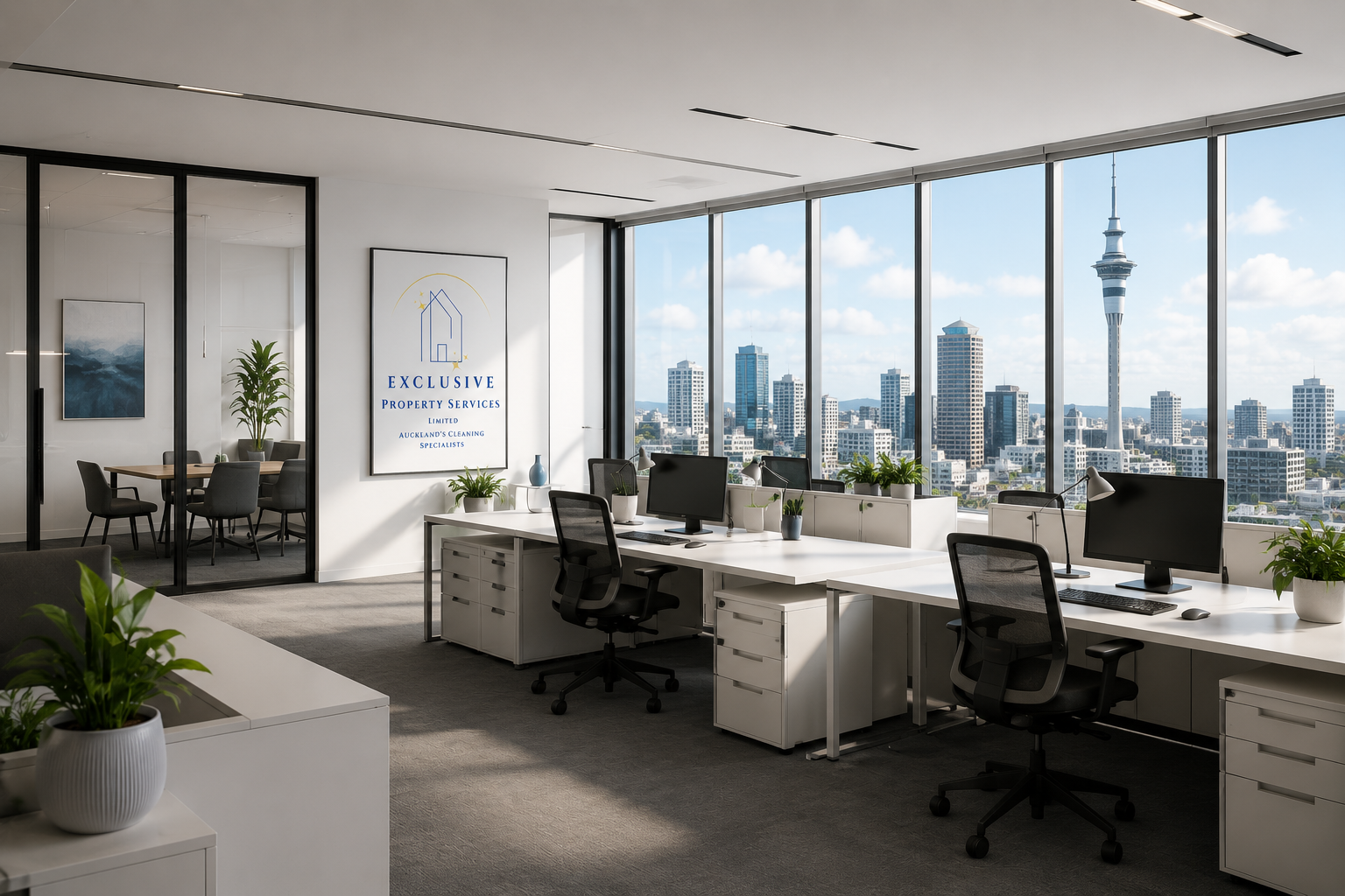 Modern office with white desks, black mesh chairs, potted plants, large windows overlooking a city skyline with tall buildings and a tower, and a meeting room visible through glass door.