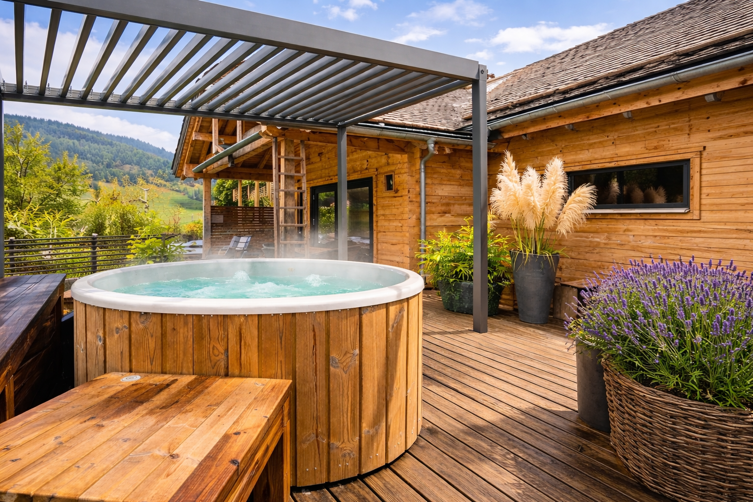 Außenbereich mit Whirlpool, Holzdielenboden, Pflanzen und Holzhaus, vor grüner Landschaft und Himmel.