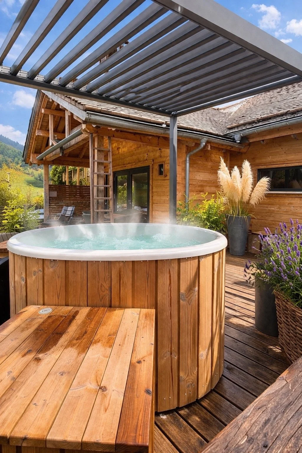 Ein Holzkamin mit Wasser gefüllt auf einer Holzterrasse, umgeben von Pflanzen und einer Holzhütte mit großen Fenstern und Dach. Im Hintergrund sind Berge und Himmel sichtbar.