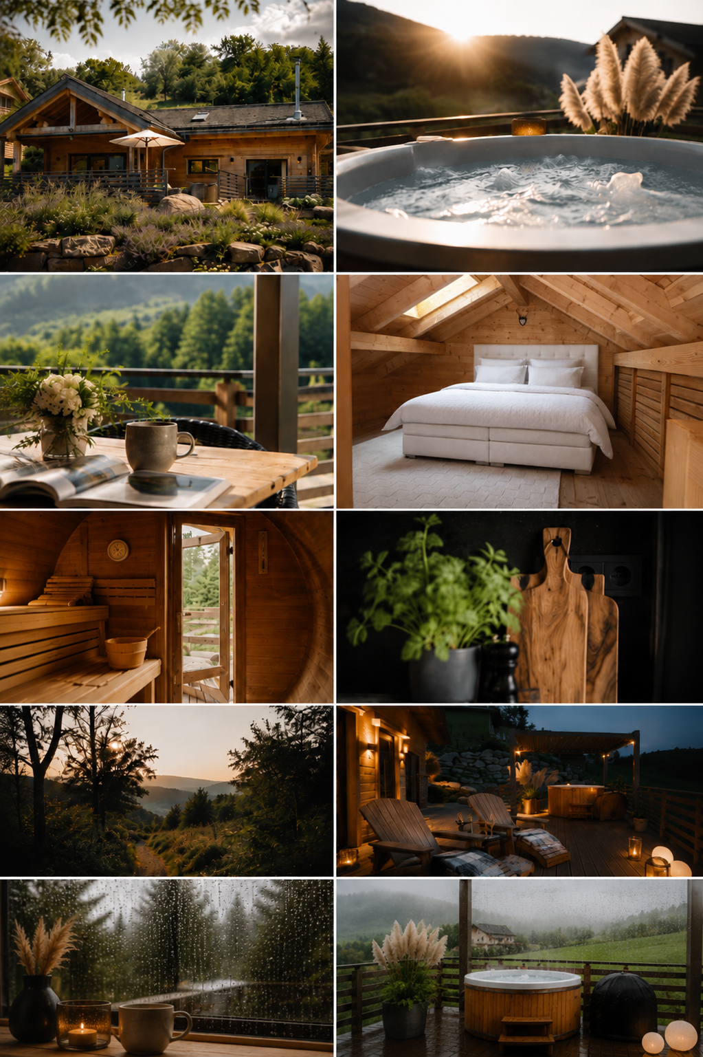 Verschiedene Bilder eines gemütlichen Berghotels mit Holzarchitektur, Whirlpool im Freien, Blick auf die Berge, eine Schlafzimmer, eine Sauna, Pflanzen und eine gemütliche Terrasse bei Nacht.