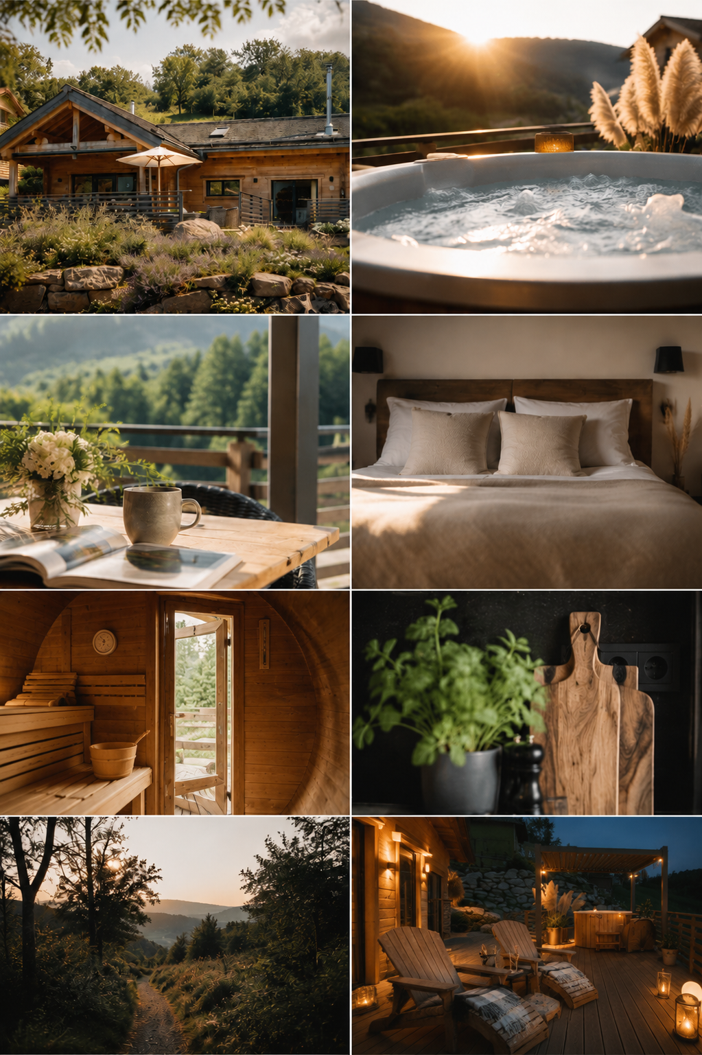Verschiedene Bilder eines Chalets in den Bergen: Das Chalet im Grünen, ein Whirlpool mit Sonnenuntergang, ein Balkon mit Tisch und Blumen, ein Schlafzimmer mit Bett, eine Sauna, eine Küchenzeile mit Kräutertopf, ein Pfad im Wald bei Sonnenuntergang, eine Terrasse mit Liegen bei Nacht.
