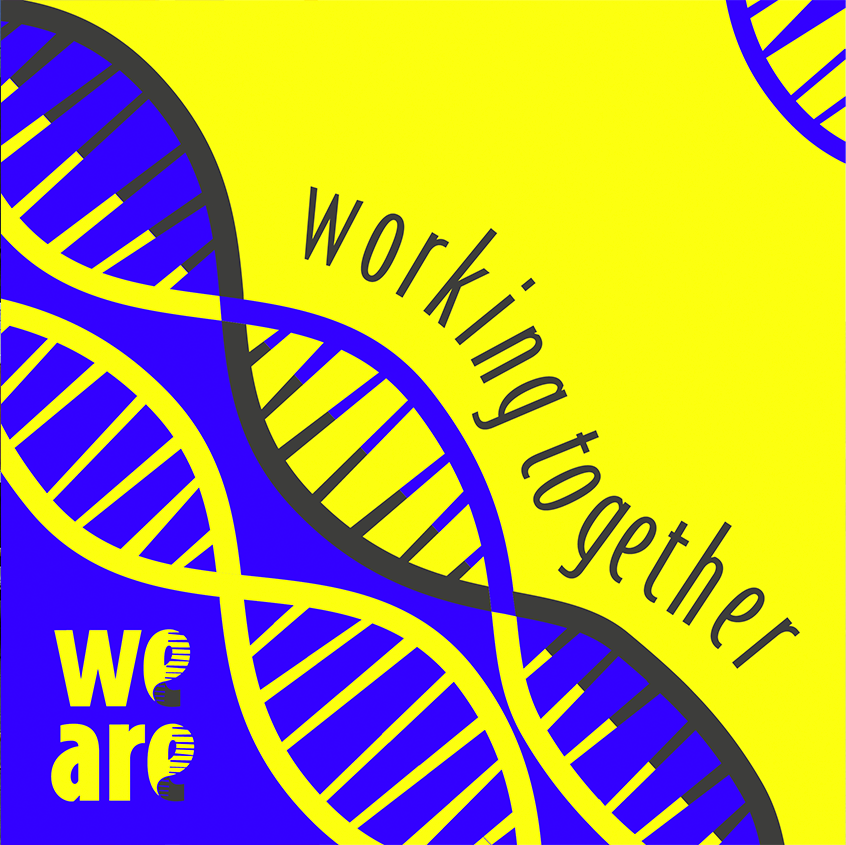 An image of the stylised DNA strands in grey, Blue and yellow on a yellow. The words we are are large and yellow and appear in the bottom left
