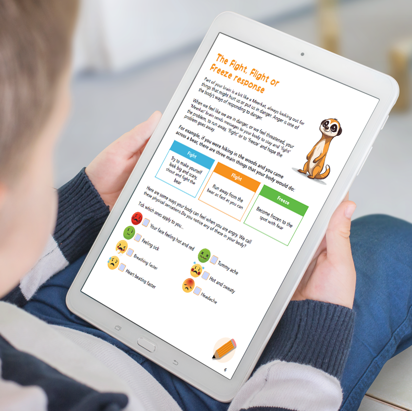 An image showing a young child on an ipad looking at an interactive activity about flight, flight or freeze response