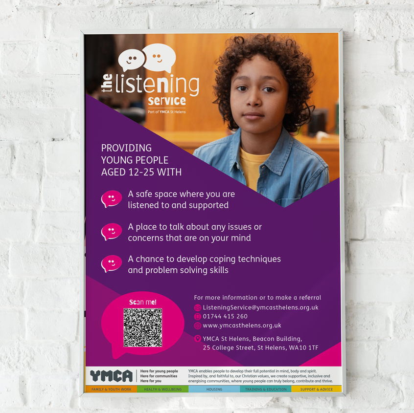 An image of a poster on a white brick wall. It shows a poster with an image of a young man on it. It has a purple angled block at the bottom, three speech bubbles with service information and a QR code and information on it. The standard YMCA footer 