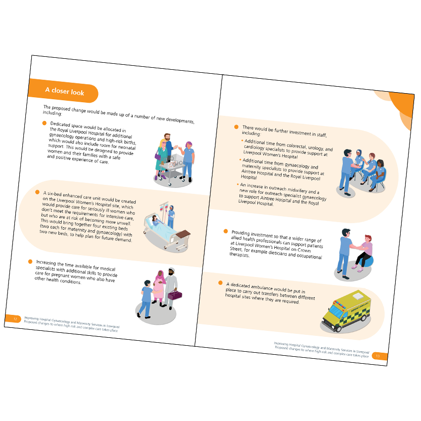 An image showing one of the inside pages looks in the book. This section is orange and called a closer look and it explains why some pregnant people might need to be cared for somewhere other than Liverpool Women's Hospital. There are illustrations o