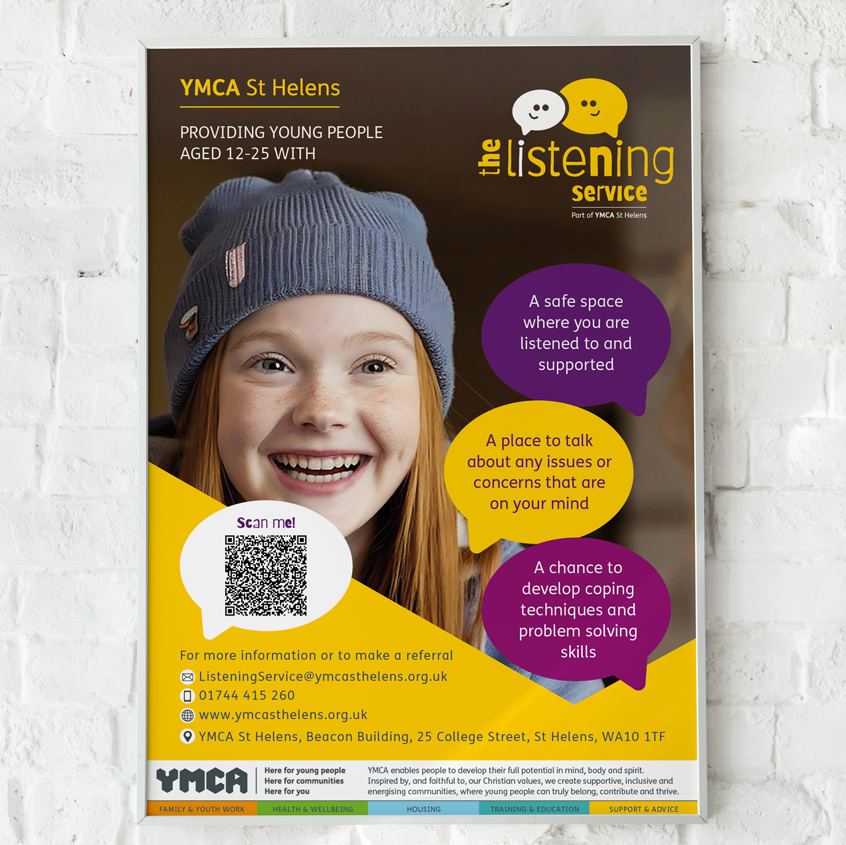 An image of a poster on a white brick wall. It shows a poster with an image of a young woman on it. It has a yellow angled block at the bottom, three speech bubbles with service information and a QR code and information on it. The standard YMCA foote
