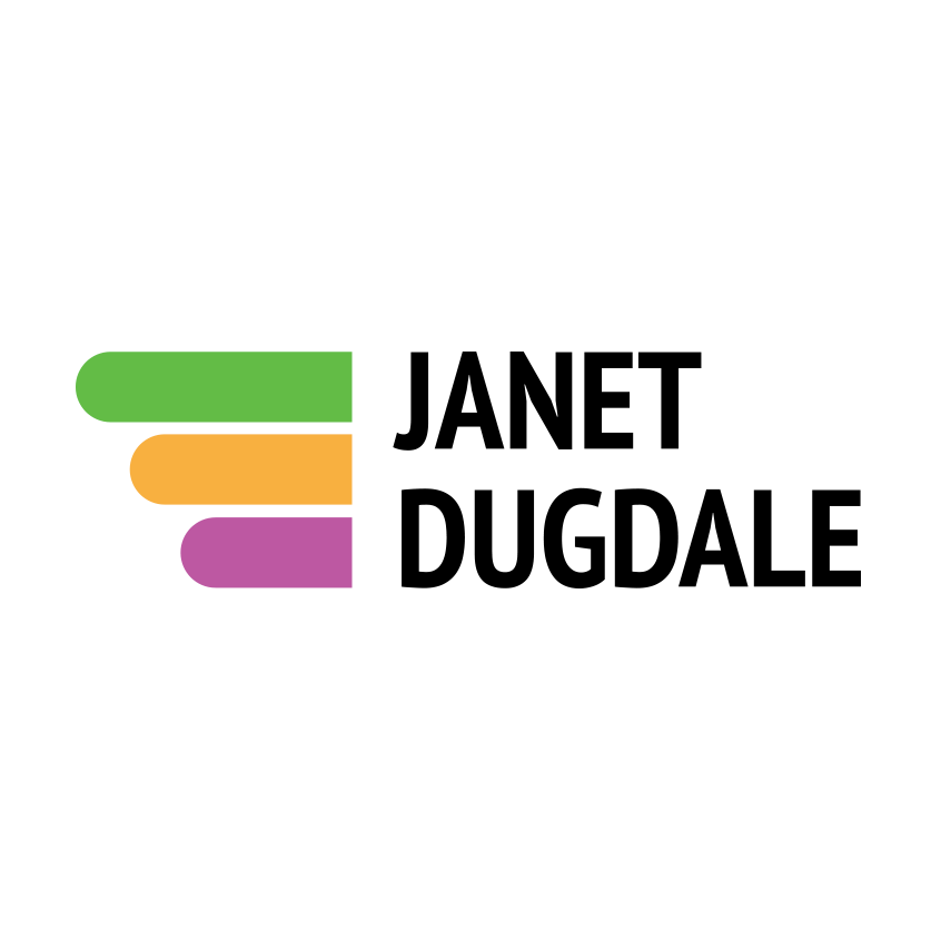 A logo saying Janet Dugdale with three rounded rectangles on the left stacked on top of each other in green yellow and pink