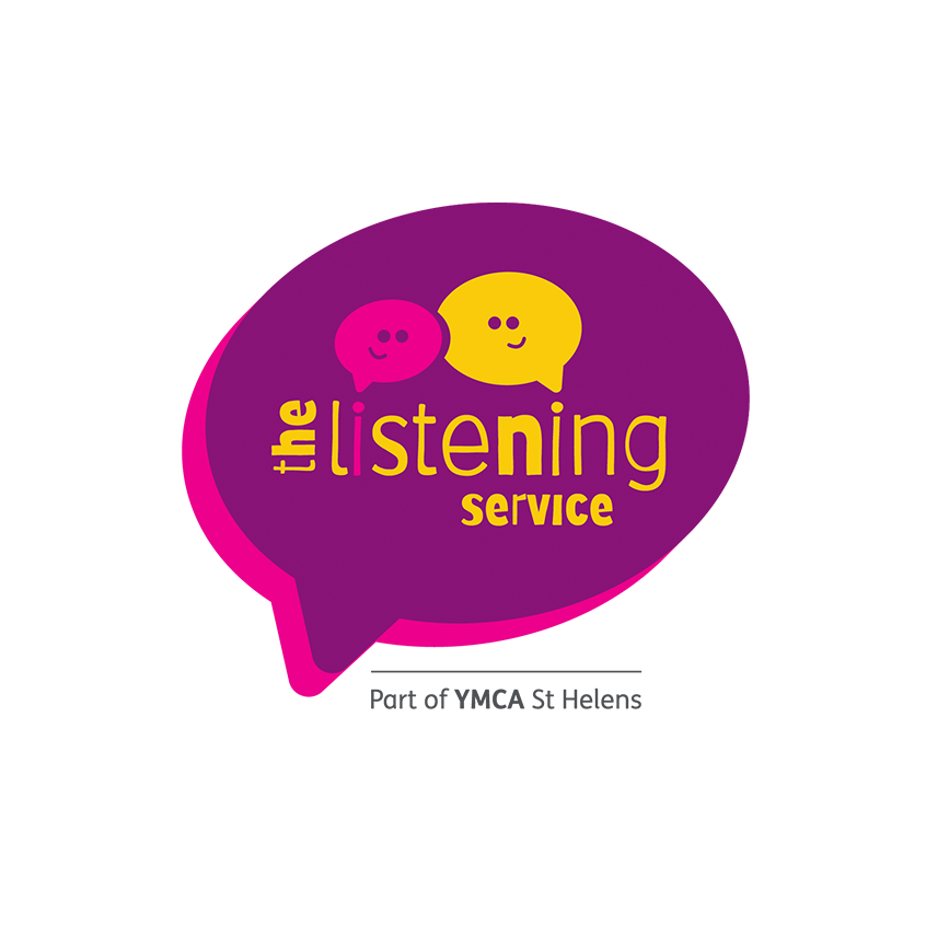 Image of the listening service logo. It is a purple speech bubble with a pink shadow behind. The text says the listening service in yellow inside. the first i in listening is pink. Above the text attached to the i's in listening are two speech bubble