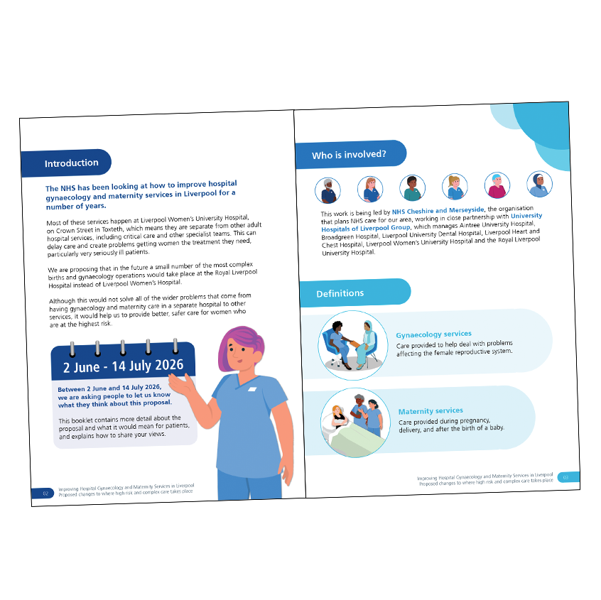 An image showing one of the inside pages looks in the book. the first section is dark blue and the introduction. The second section is mid blue explaining who is involved in the consultation. There are illustrations of nurses and pregnant people on t