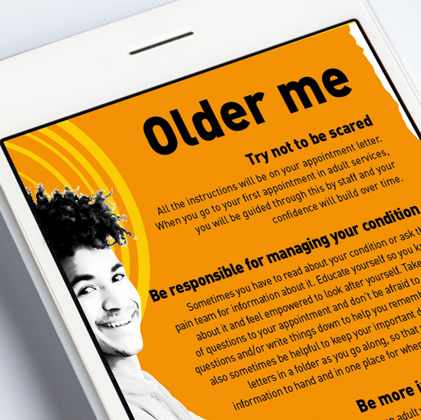An image of an ipad. On the screen is an orange background with the title Older me and a young teen in black and white on the left.
