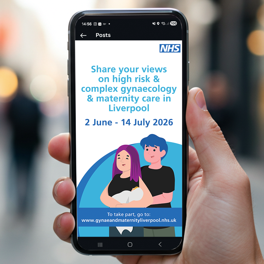An image showing a person holding a phone. The screen is white with a dark blue circle in the bottom 2 thirds of it. The top right has the NHS logo, and there is text in blue saying share your views on complex and high risk gynaecology and maternity 