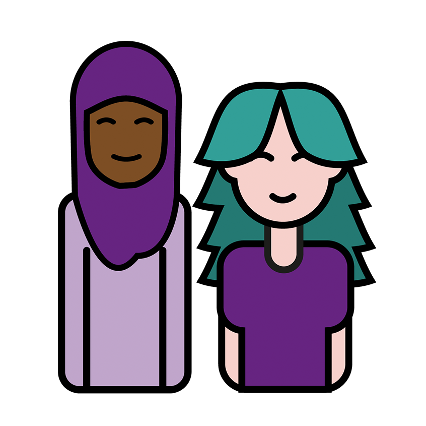 Simple illustrations of two of the interns. They have simple smiling features with a black outline.