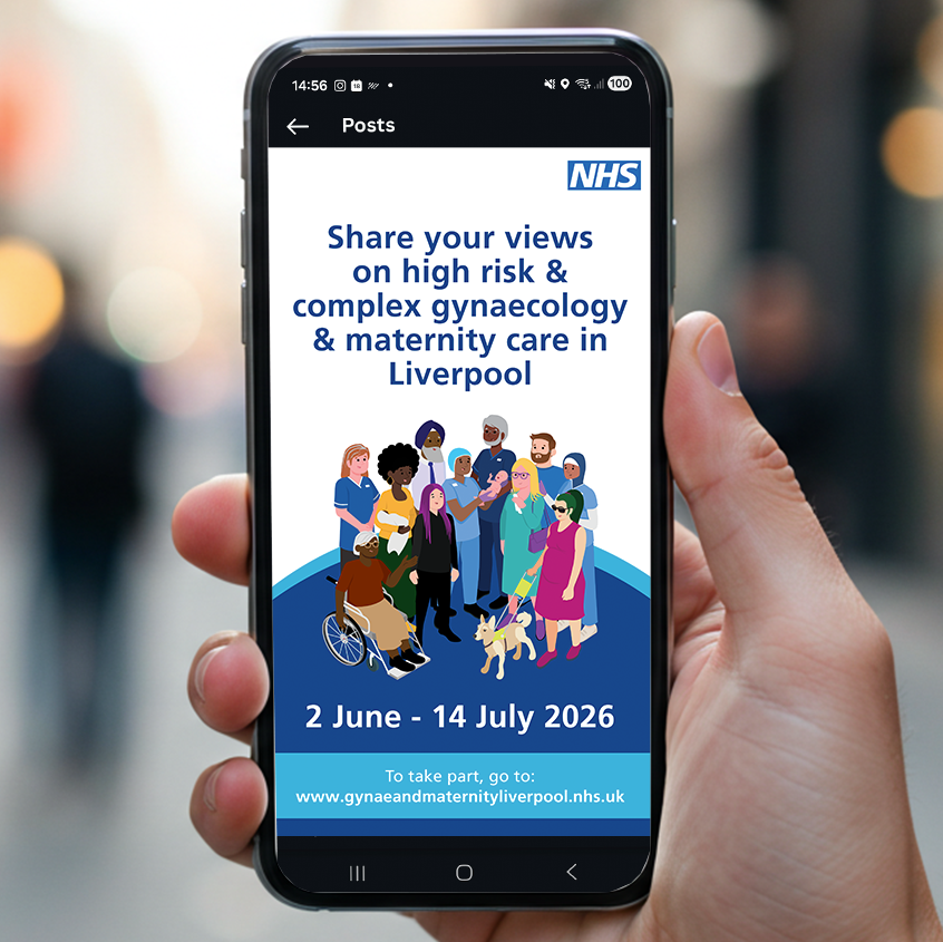 An image showing a person holding a phone. The screen is white with a dark blue circle in the bottom 2 thirds of it. The top right has the NHS logo, and there is text in blue saying share your views on complex and high risk gynaecology and maternity 