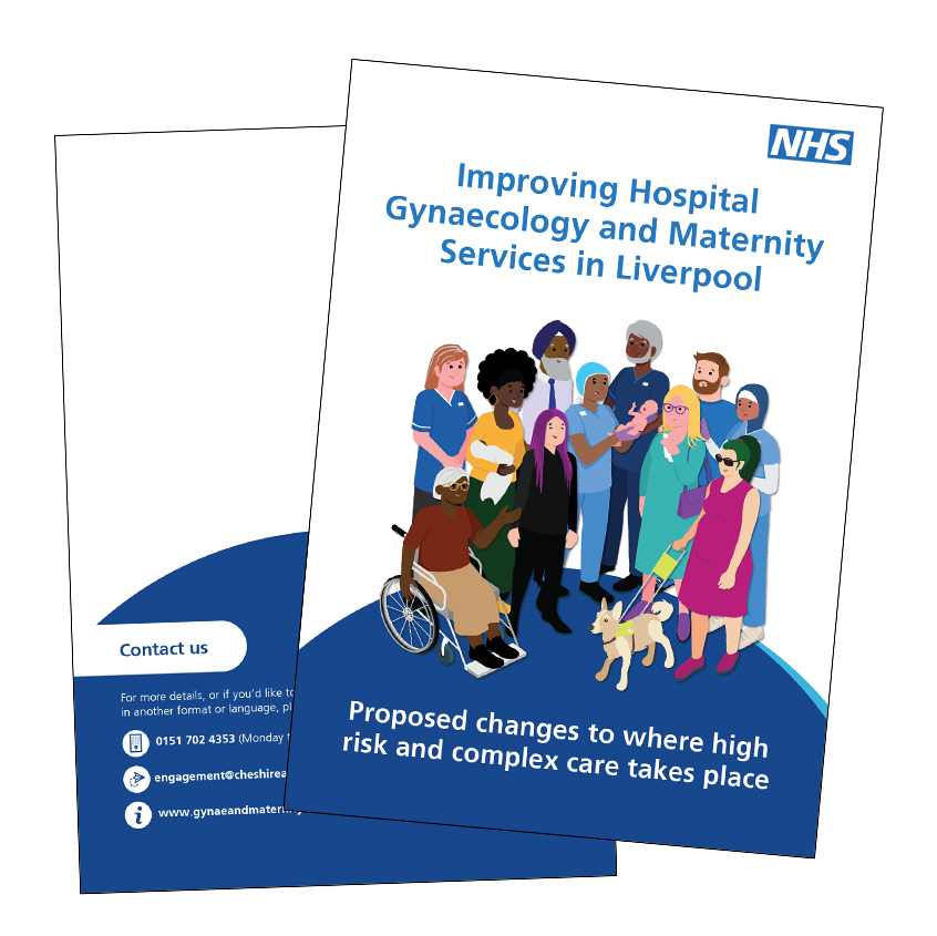 An image showing the front cover of the CMICB booklet. The title is Improving hospital gynaecology and maternity services in Liverpool. Proposed changes to where high risk and complex care takes place. There is an illustration of a diverse group of p
