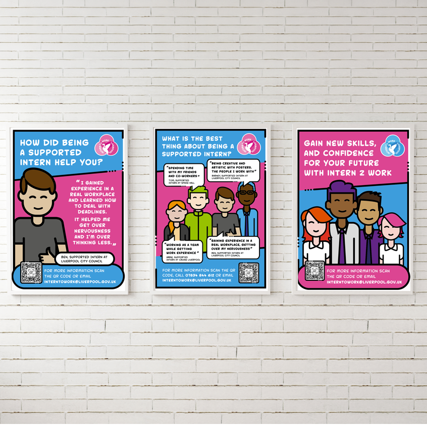 An image of three posters on a white brick wall. The posters are in the intern colour way and show three different posters with different reasons why signing up to be a supported intern would benefit them.