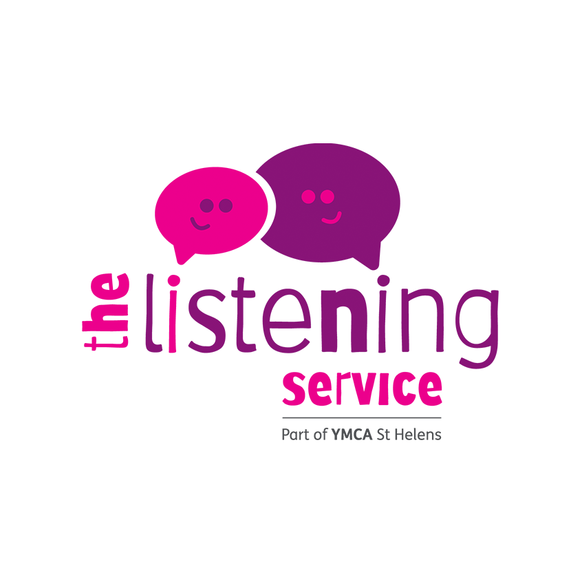 Image of the alternativelistening service logo. The text says the listening service in purple and bright pink. The word the and service are in Pink and the first i in listening is pink. Above the text attached to the i's in listening are two speech b