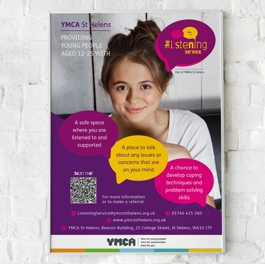An image of a poster on a white brick wall. It shows a poster with an image of a young woman on it. It has a purple angled block at the bottom, three speech bubbles with service information and a QR code and information on it. The standard YMCA foote